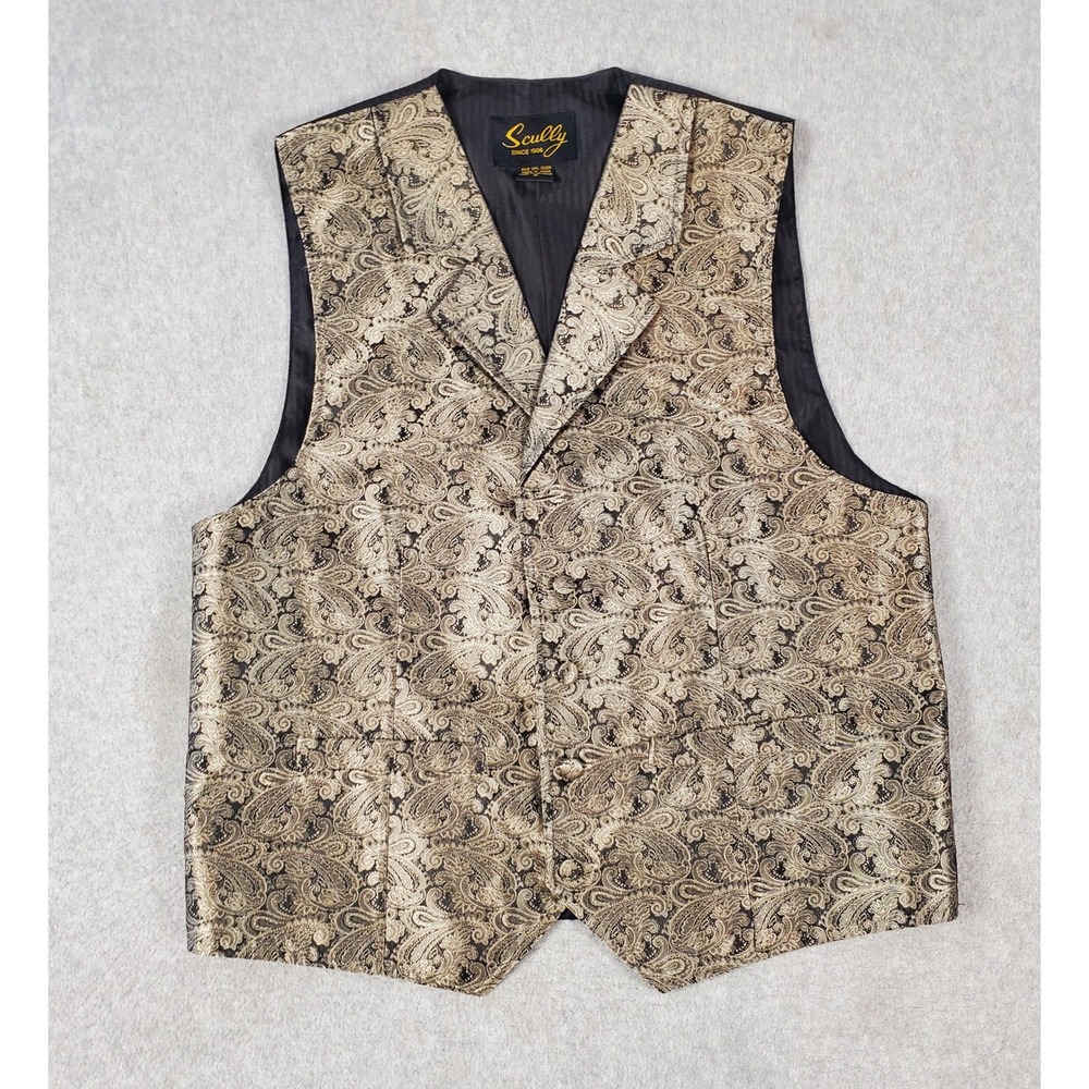 Scully Paisley Western Vest Mens Small Black Gold Waistcoat Notched Lapel Button